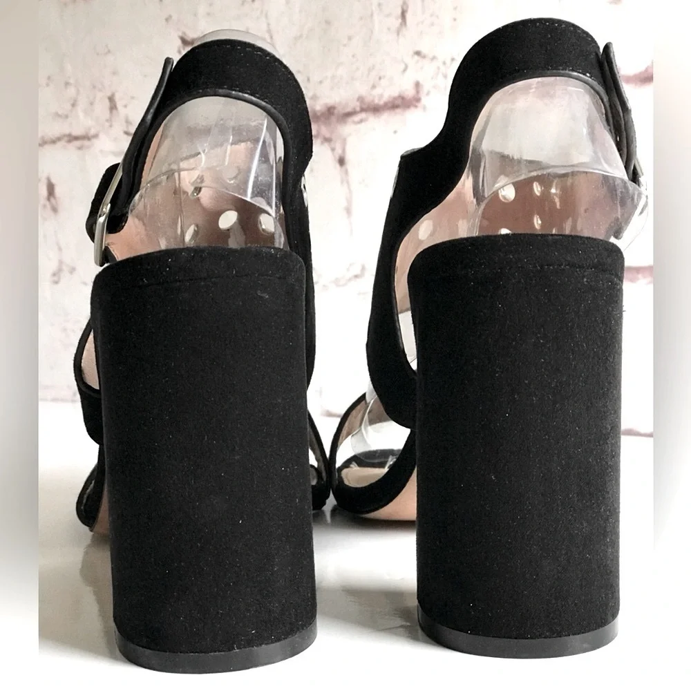 TOPSHOP Black Suede Silver Grommet Block Heel Ankle Strap Slingback Heel NWT 9.5 - Picture 6 of 16